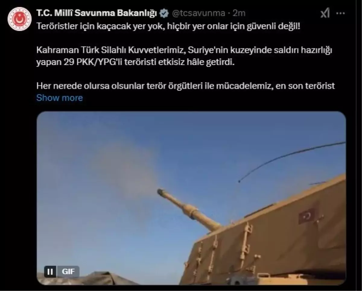 Milli Savunma Bakanlığı, 29 PKK/YPG’li Teröristi Etkisiz Hale Getirdi